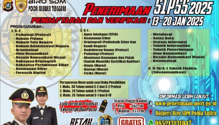 POLDA SULTRA BUKA PENERIMAAN SIPSS 2025, KESEMPATAN BERKARIR SEBAGAI PERWIRA POLRI