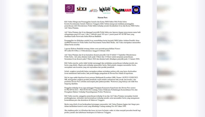 KKJ Sultra Kecam Pemanggilan Ketua JMSI dan Jurnalis oleh Polda, Dinilai Langgar UU Pers