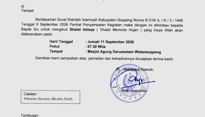Pemkab Soppeng Imbau ASN dan Masyarakat Ikuti Salat Istisqa, Jumat Pagi, Ini Tempatnya