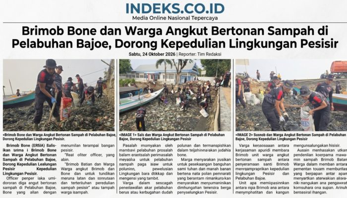 Brimob Bone dan Warga Angkut Bertonan Sampah di Pelabuhan Bajoe, Dorong Kepedulian Lingkungan Pesisir